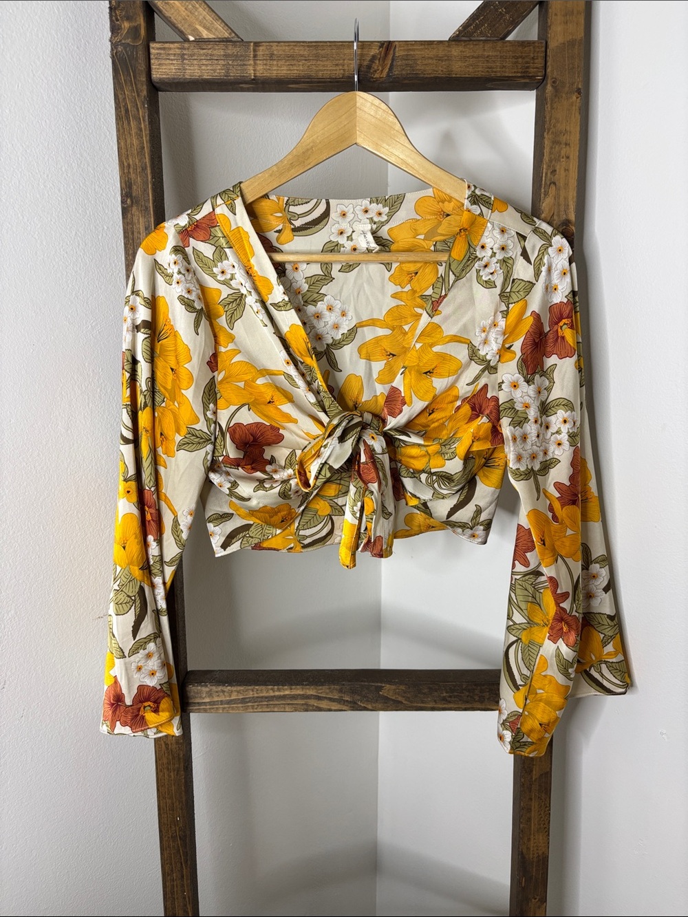 Morgan Reese x Roolee Retro Floral Tie Front Bell Sleeve Crop Top Size S